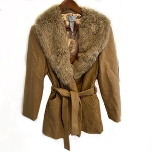 Vintage Old Navy Wool Tan Faux Fur Coat Penny Lane Trench Belted Jacket
